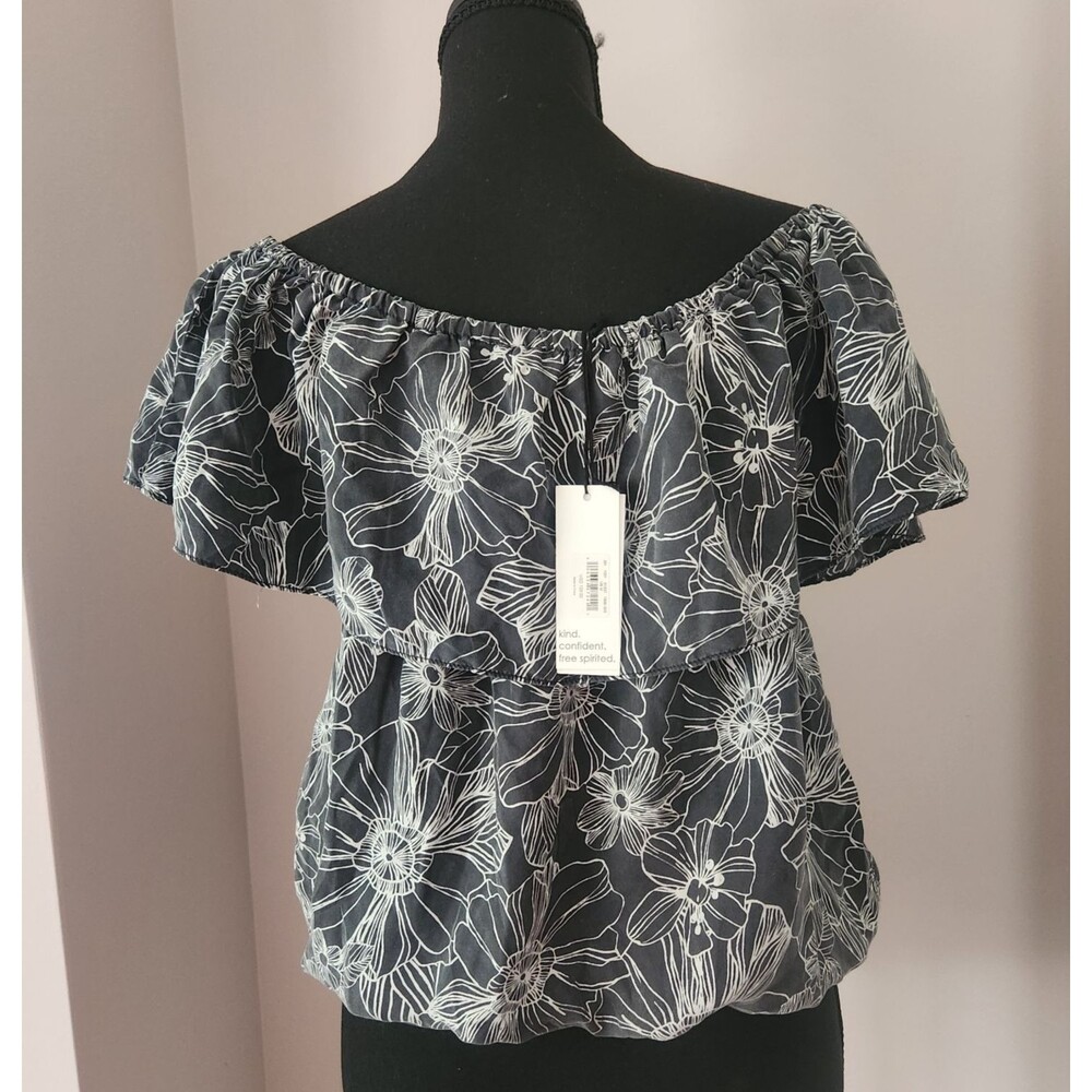 Unsubscribed 100% Silk Off The Shoulder Ruffle Blouse Gray White Floral M NWT - Picture 6 of 10